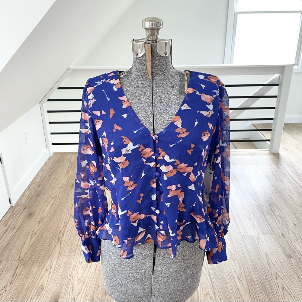 PXS PM NWT Royal blue and coral pink cropped style sheer long sleeve blouse - Picture 1 of 11
